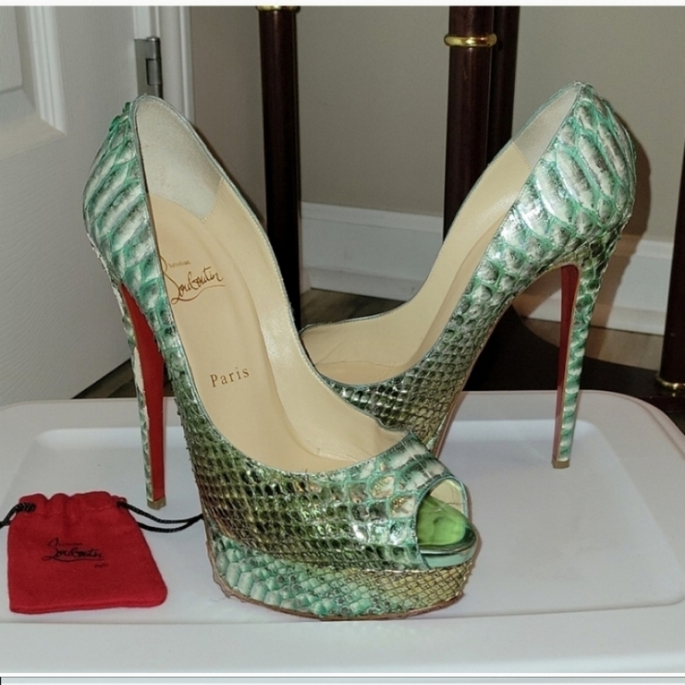 Christian Louboutin EUC Lady Peep Toe 150 Green Tropicana Python Platfor…